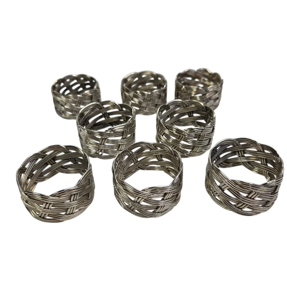 Napkin Rings Set of 8‎ Metal Woven Braided Holders Silver Tone Dinner Luncheon
